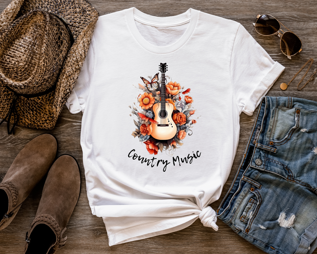 WhiteTshirt with an acustic guitar floral background with black text country music