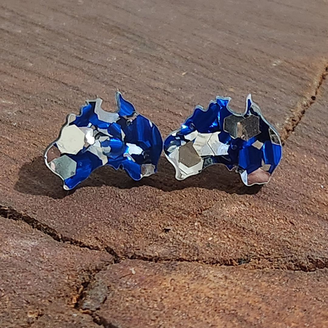 Blue and Silver chunky glitter acrylic stud earrings in shape of australia