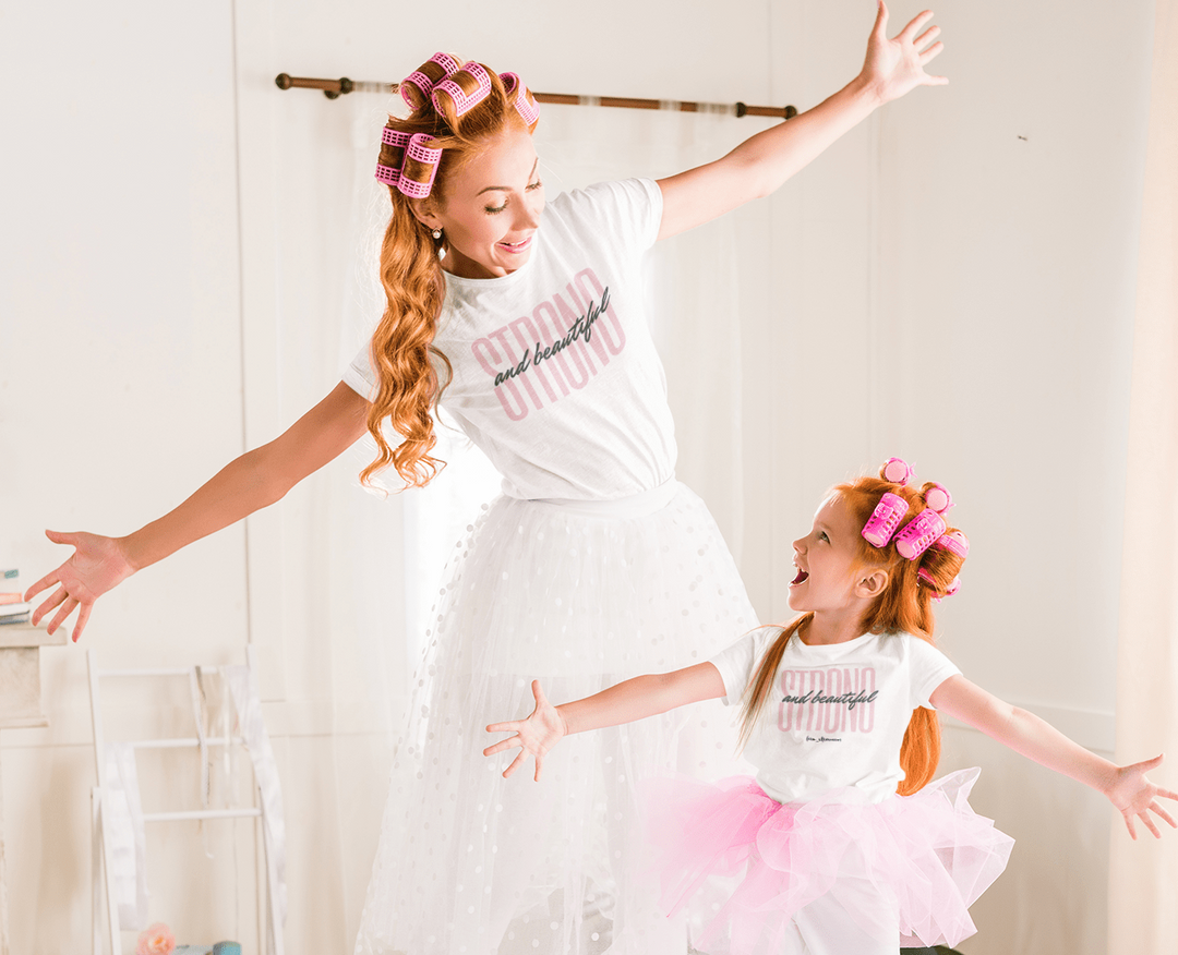 Mother and Daughter matching Tshirts white with pink text Strong & Beautiful