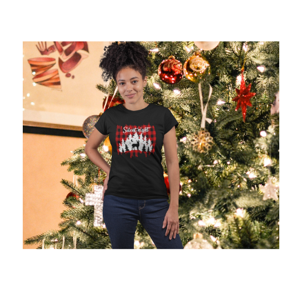 women black tshirt with distressed reindeer christms scene background with Silent night in white text