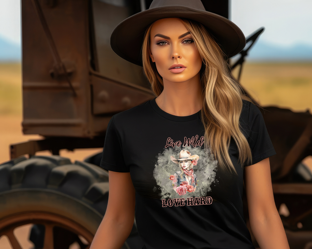 women's white unisex tshirt with pink and black cowgirl graphic with text The Hell I Wont