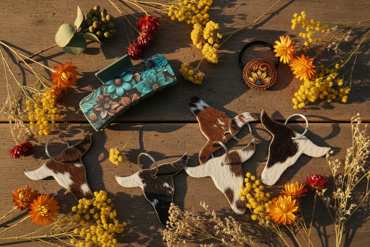 Country gifts accessories flat lay with wildflowers