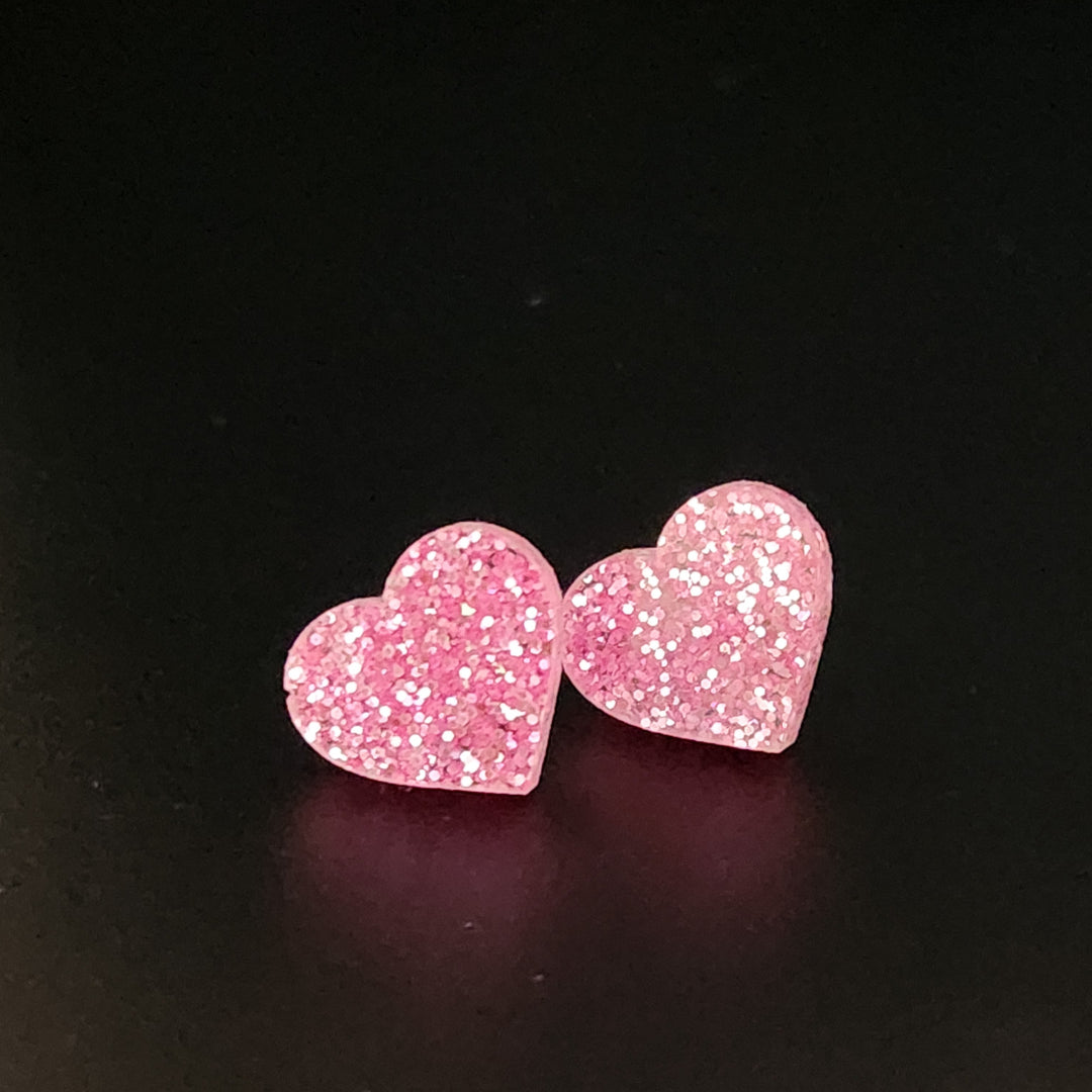 Pink Glitter Heart Studs - [farm_afternoons]