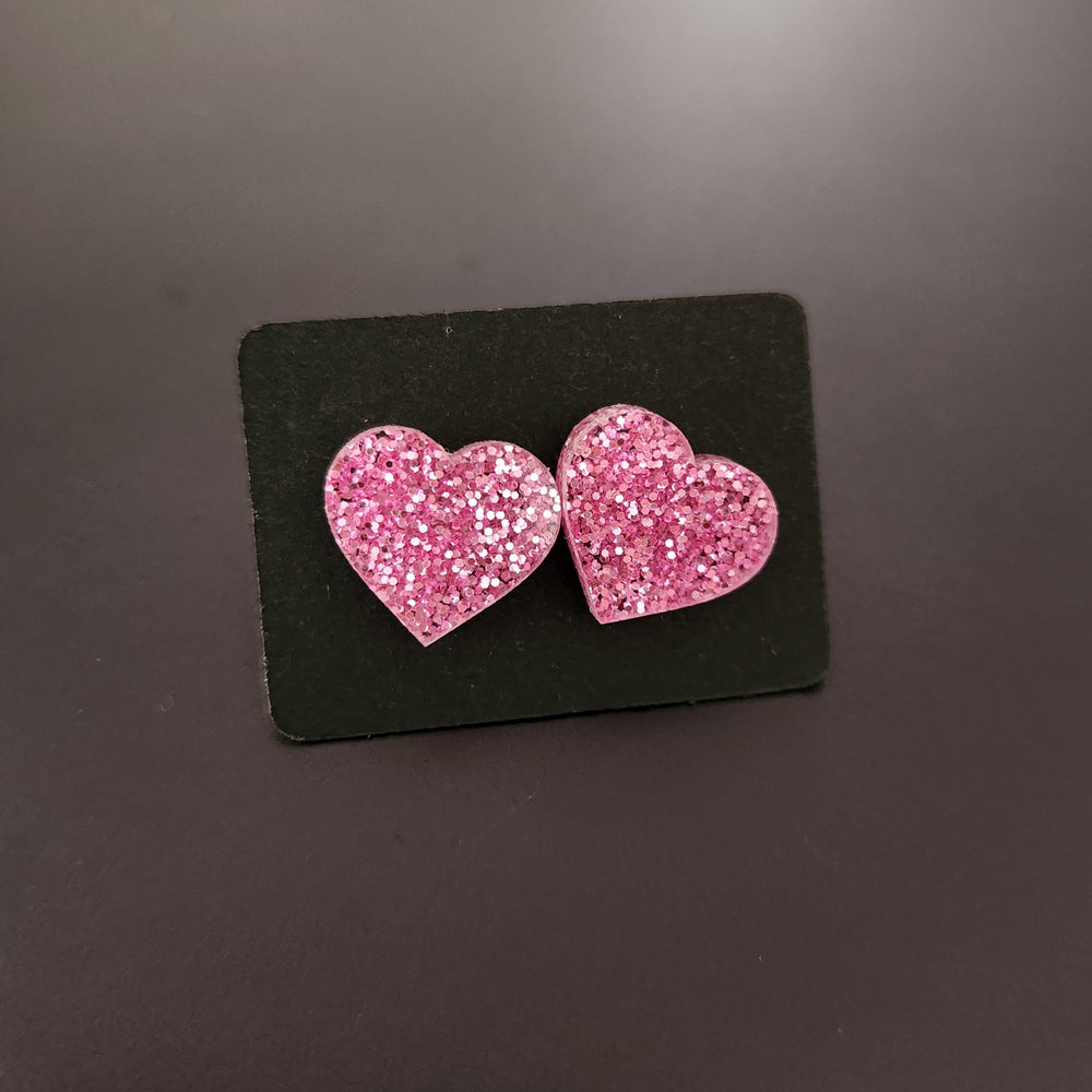 Pink Glitter Heart Studs - [farm_afternoons]