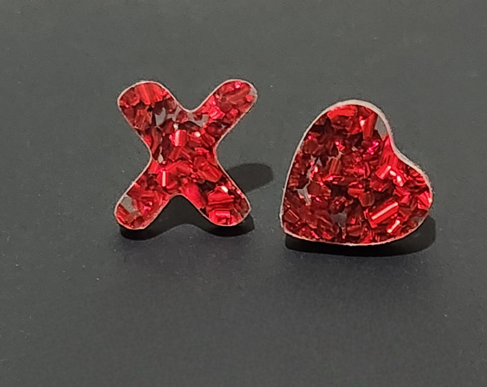 Red chunky glitter shape of X and O stud earrings