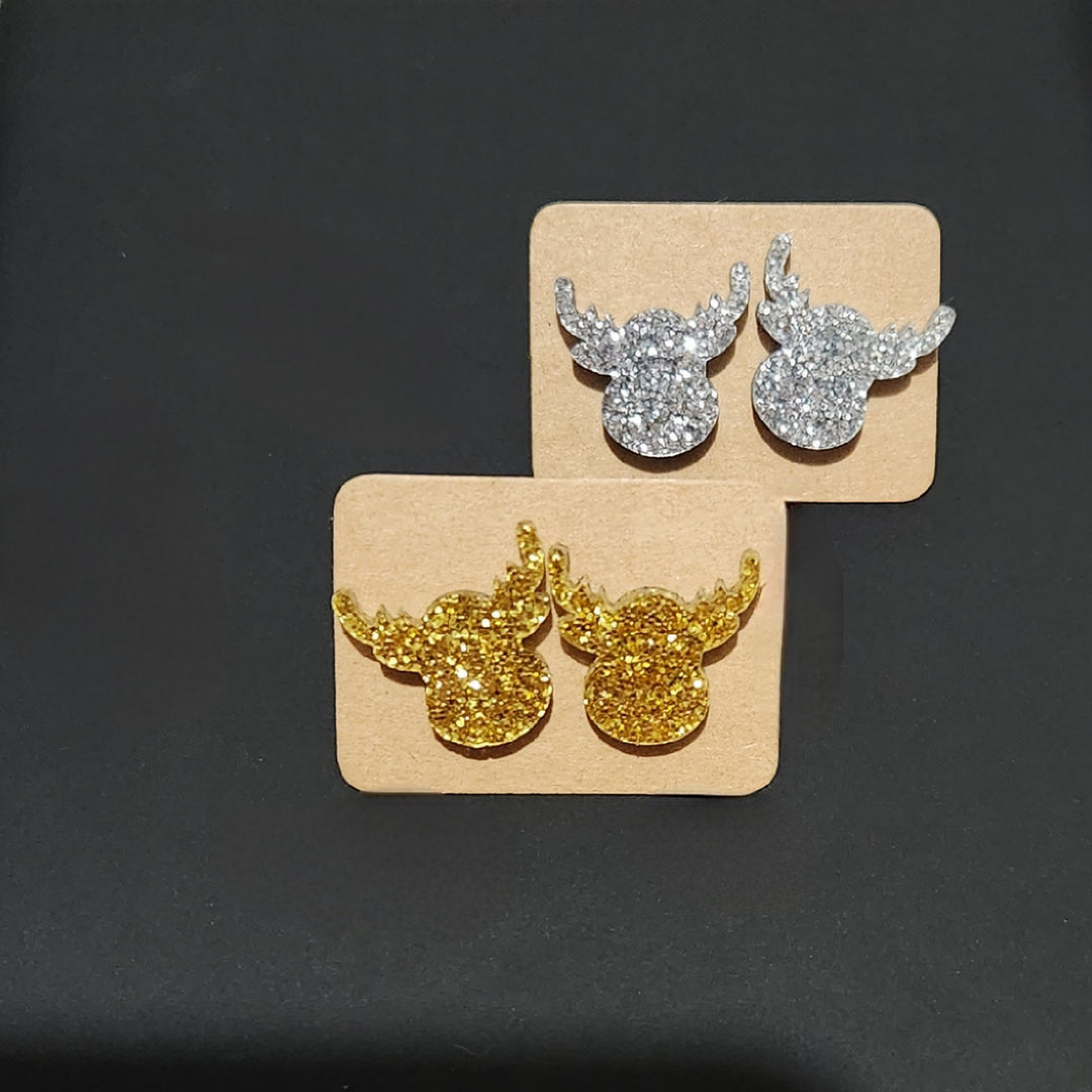 silver and gold glitter reideer head earrings studs