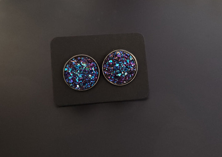 Mermaid colour sparkle Druzie in silver setting stud Earrings