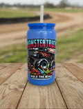 boys tumbler cup with straw. blue cup with monster truck stickers
