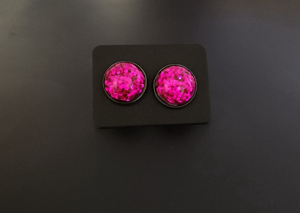 Hot pink glitter in glass dome stud earrings