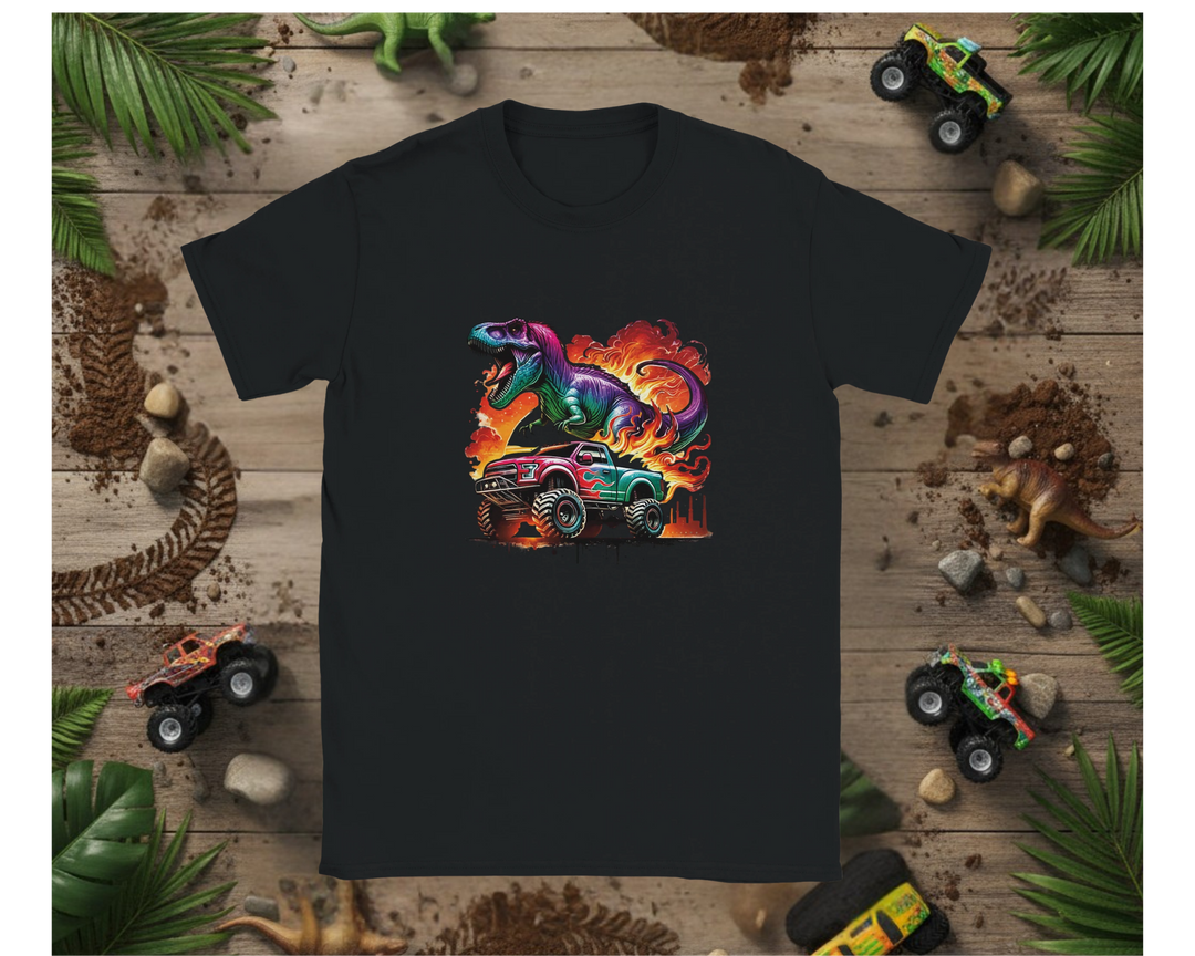 Black t-shirt with a colorful dinosaur and monster truck graphic on a wooden background with toy vehicles and plants.