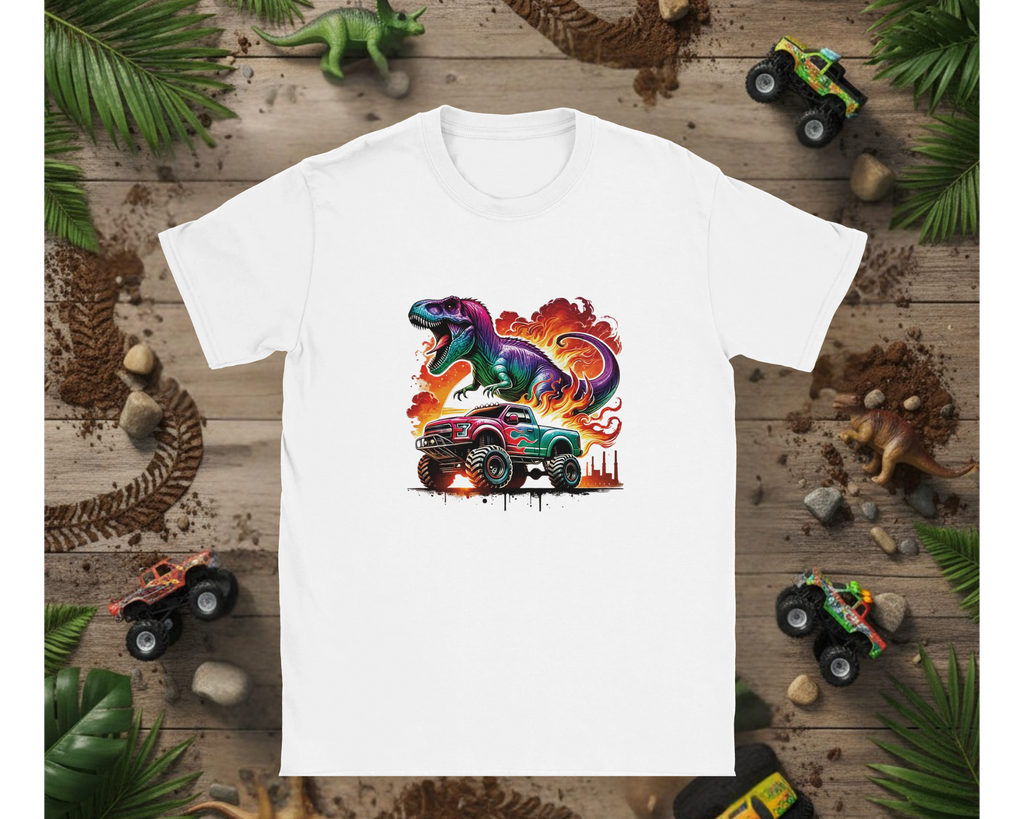 White t-shirt with colorful dinosaur and monster truck graphic on a wooden background with toy trucks and leaves.