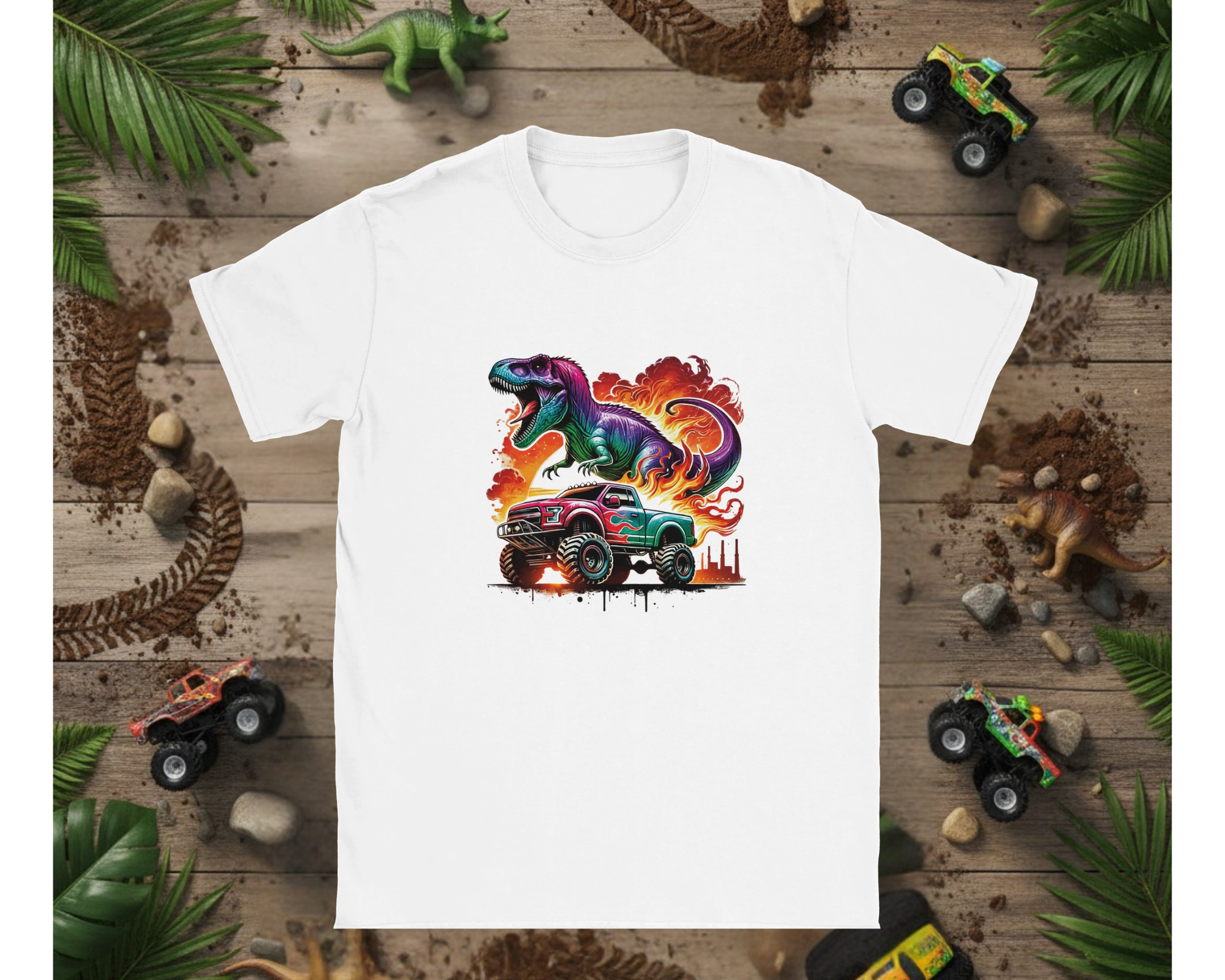 White t-shirt with colorful dinosaur and monster truck graphic on a wooden background with toy trucks and leaves.