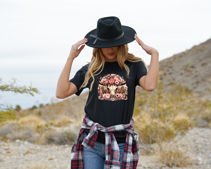 Women's Pink Old West Bull Skull T-Shirt