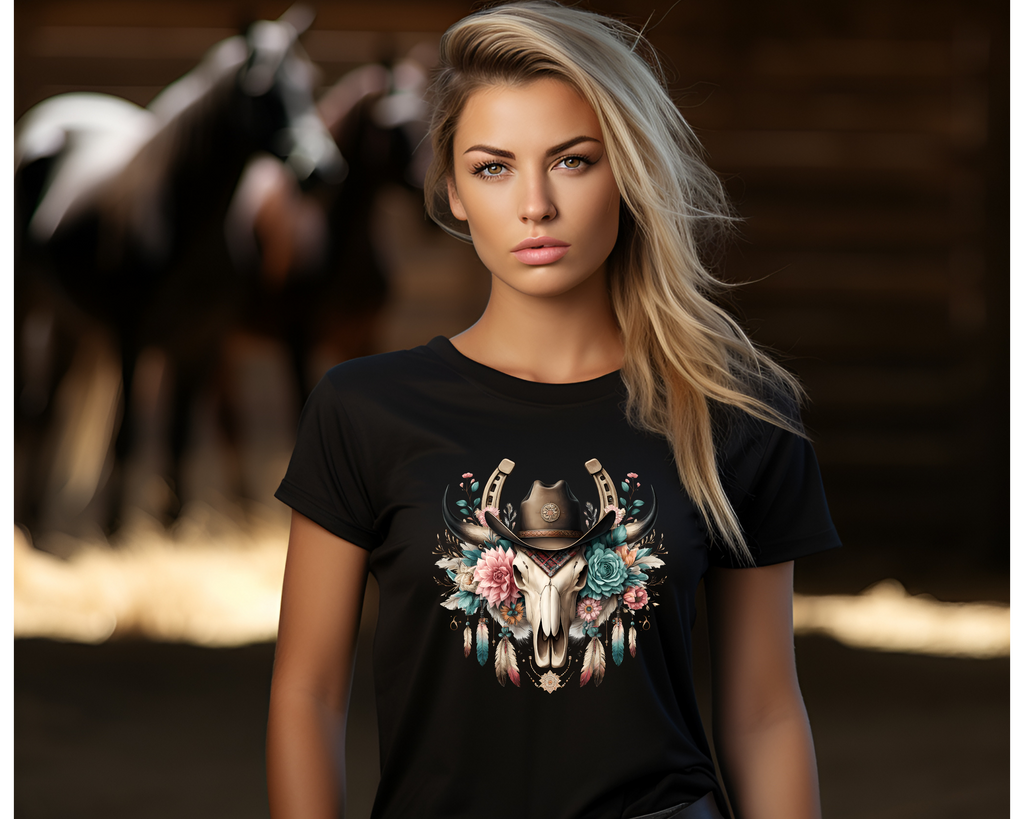 Women's Western Horseshoe Bull Skull T-Shirt