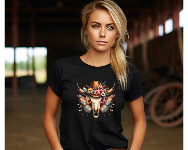 Women's Wild Butterfly Bull Skull T-Shirt