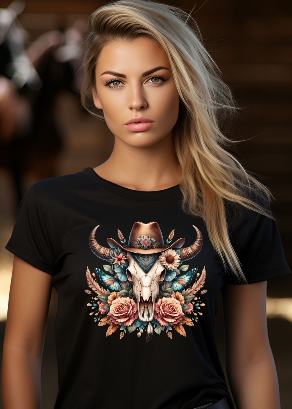 Woman wearing a black t-shirt with a bull skull design in a barn setting