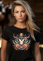 Woman wearing a black t-shirt with a bull skull design in a barn setting