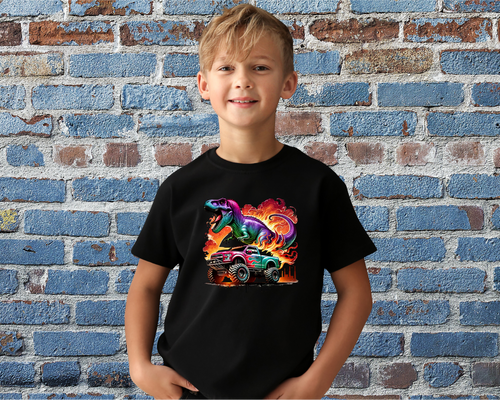 Child wearing a black t-shirt with a colorful graphic design in front of a brick wall.