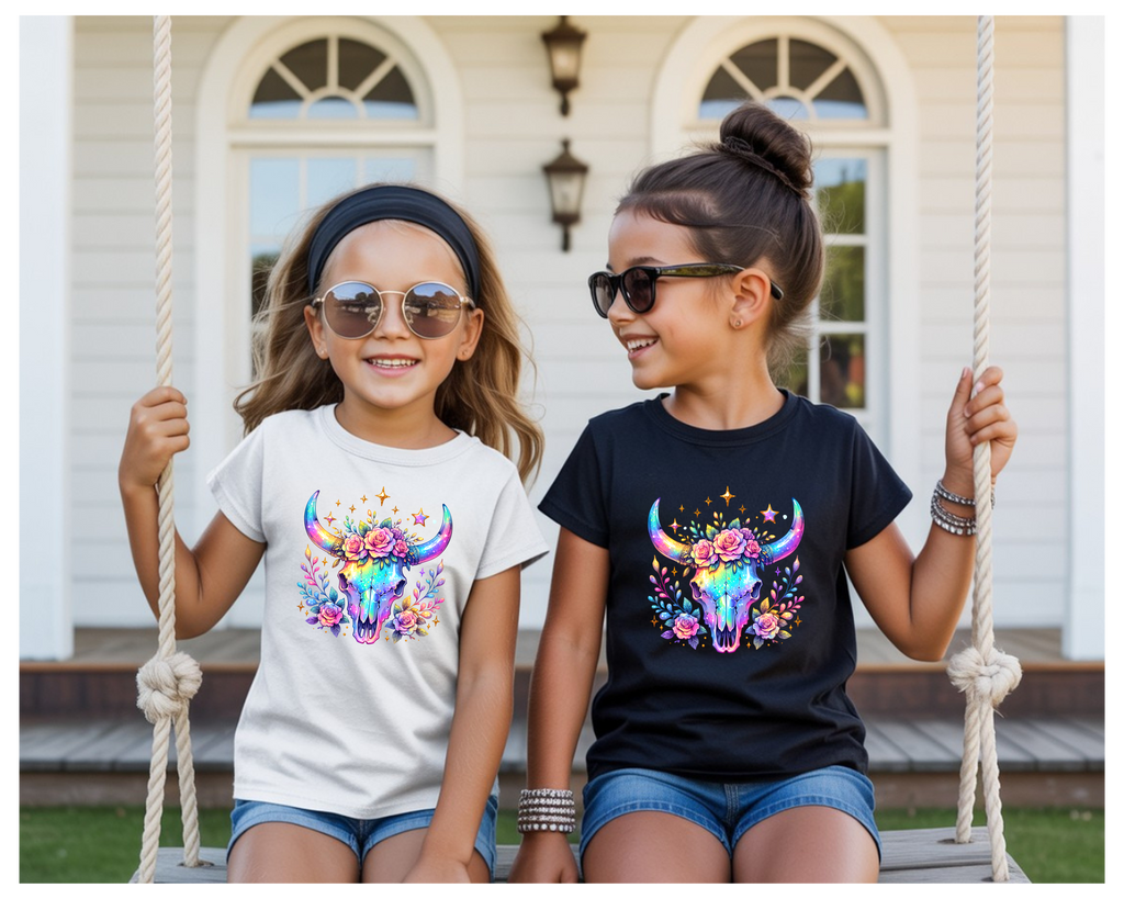 Girls Iridescent Bull Skull T-Shirt
