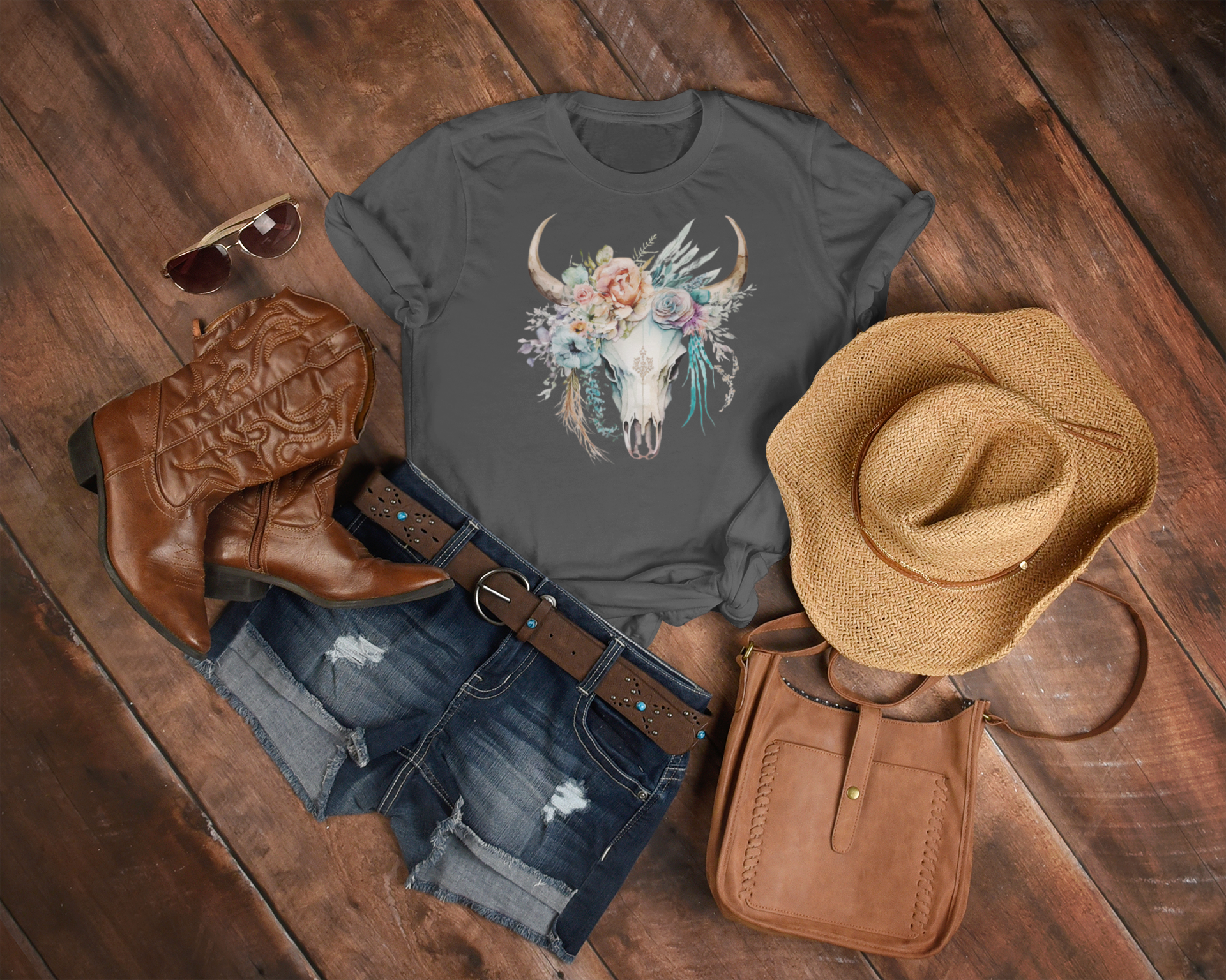Women's Pink Boho Bull Skull Tee - [farm_afternoons]