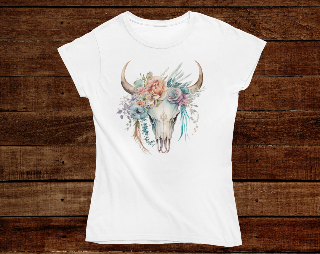 Women's Pink Boho Bull Skull Tee