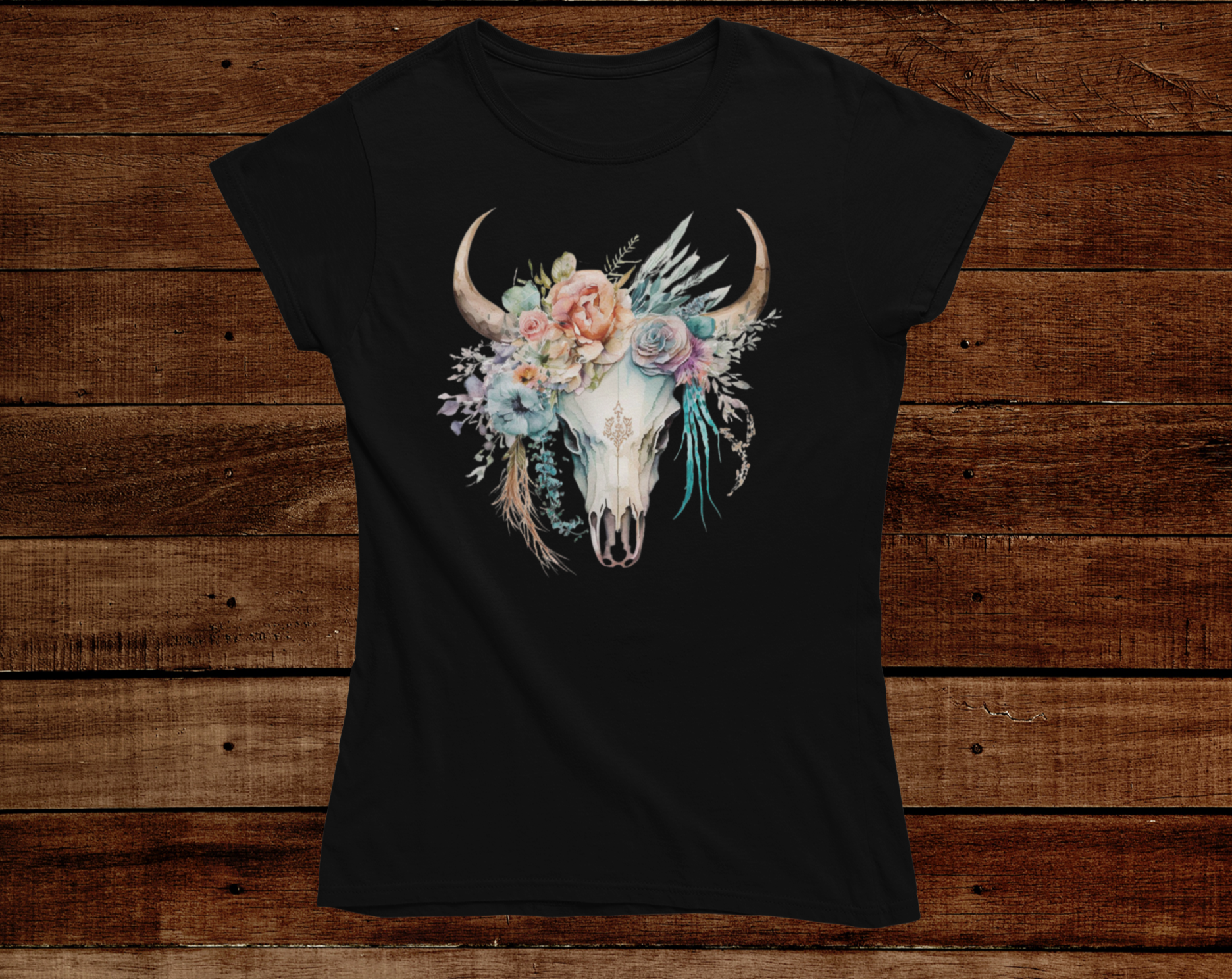 Women's Pink Boho Bull Skull Tee - [farm_afternoons]