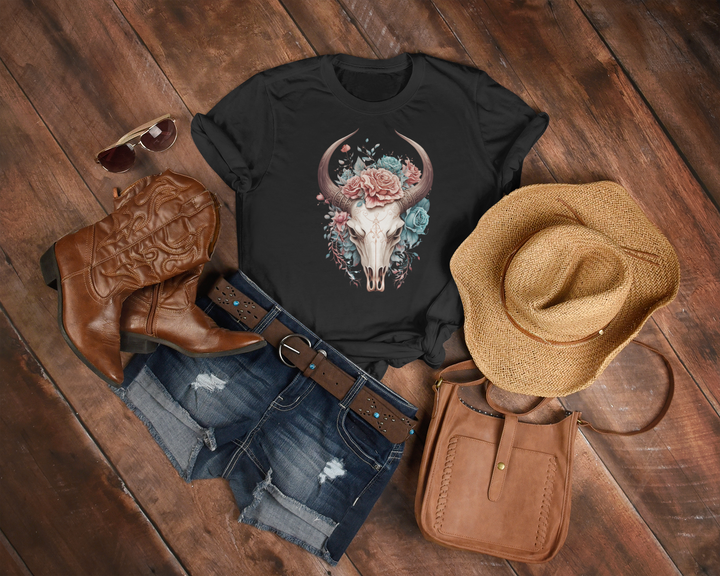 Women's Boho Floral Skull Tee