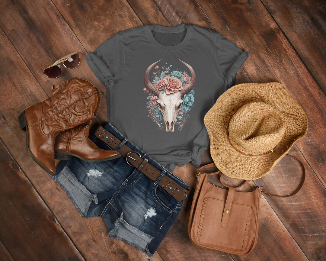 Women's Boho Floral Skull Tee