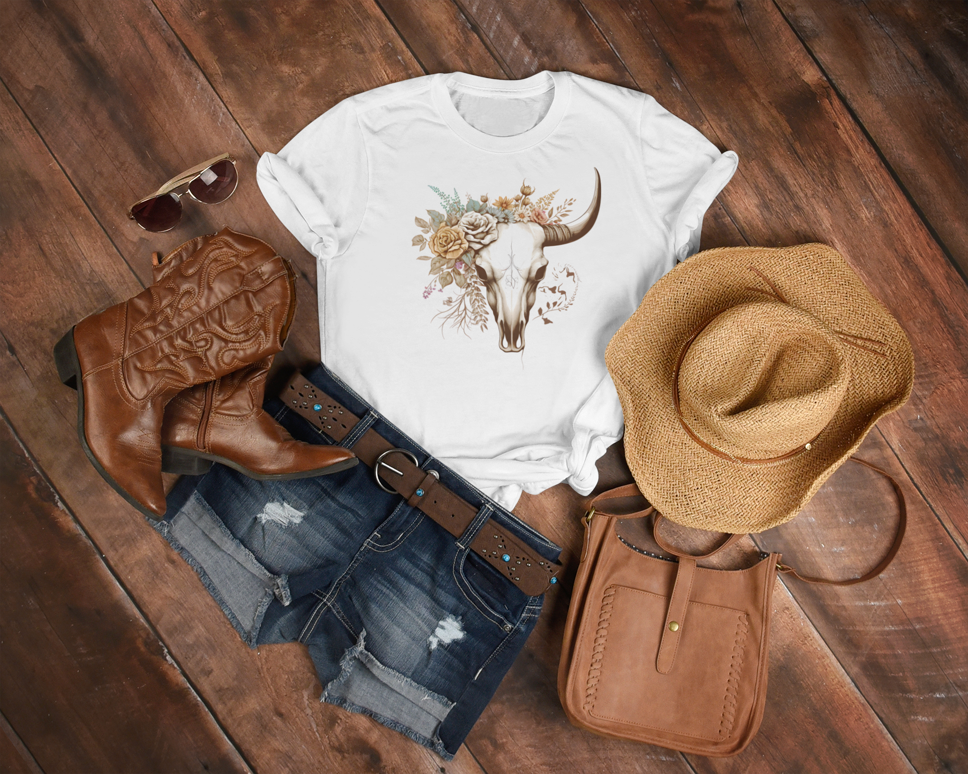 Women's Vintage Floral Bull Skull - [farm_afternoons]