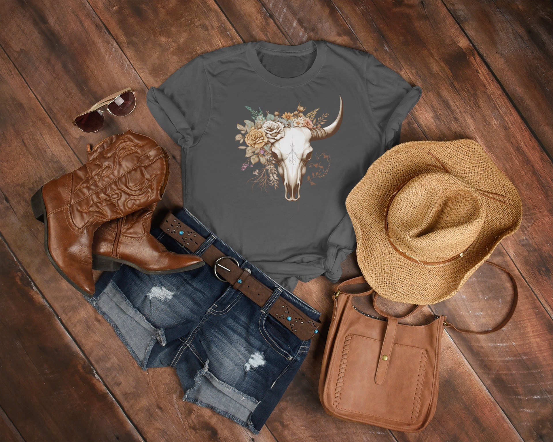 Women's Vintage Floral Bull Skull - [farm_afternoons]