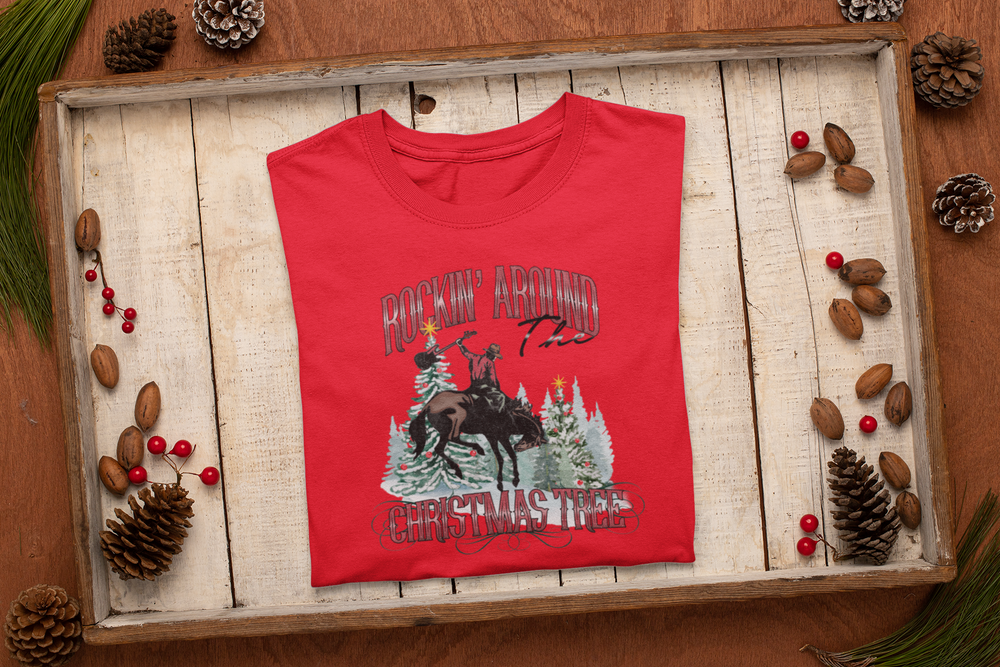Womens Rockin Around The Christmas Tree T-shirt - [farm_afternoons]