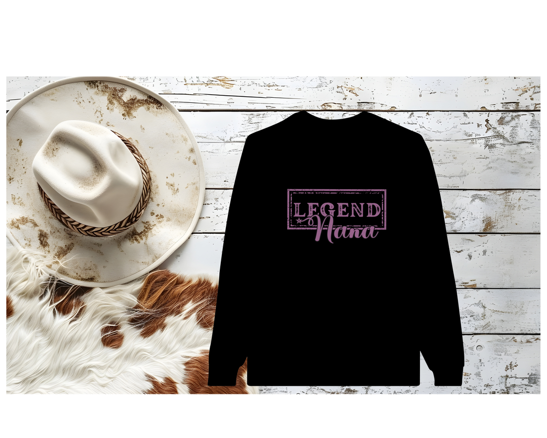 western flat lat sweater black with purple distressed legend Nana