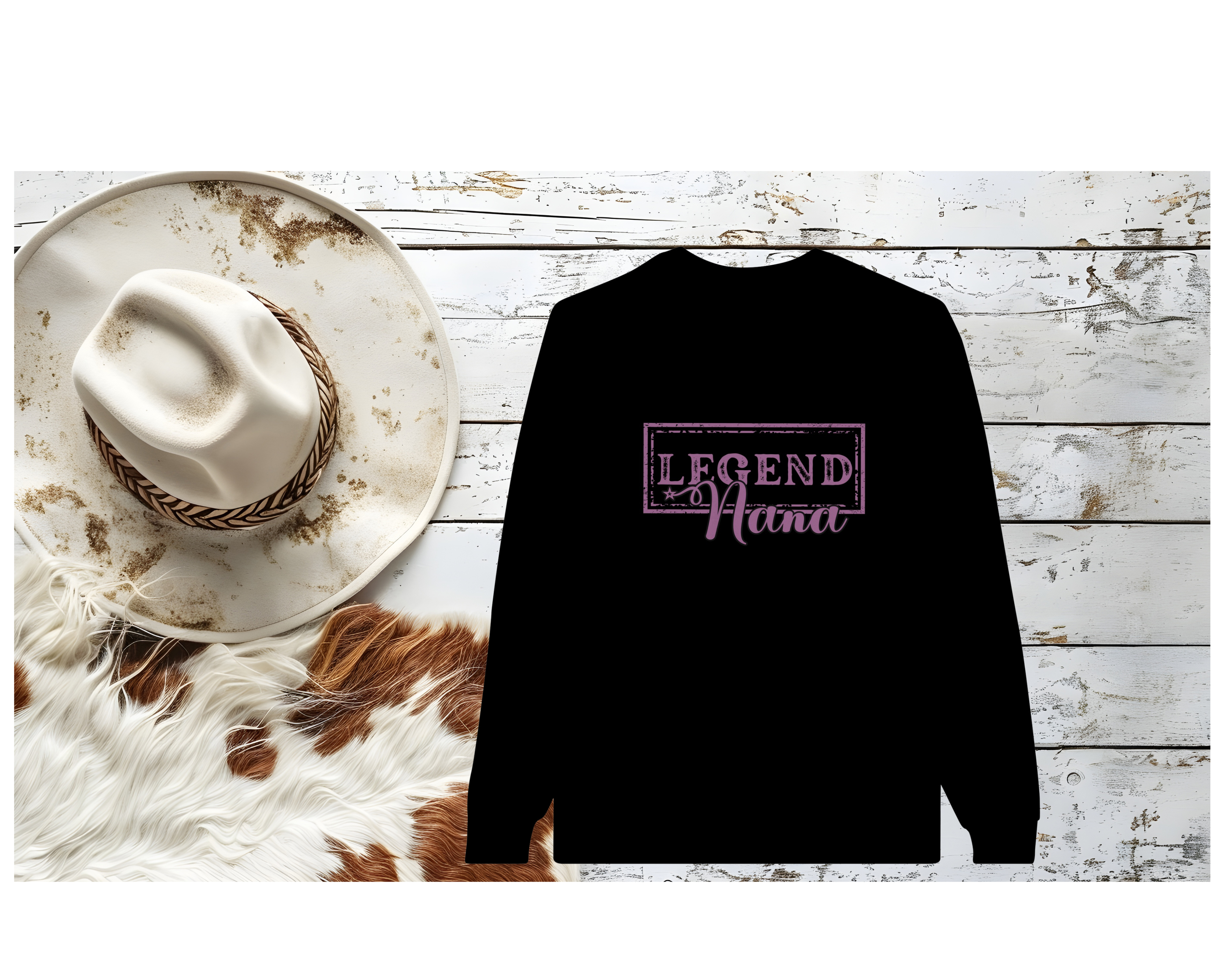 western flat lat sweater black with purple distressed legend Nana
