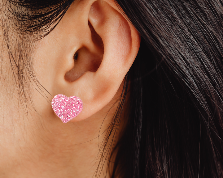 Pink Glitter Heart Studs