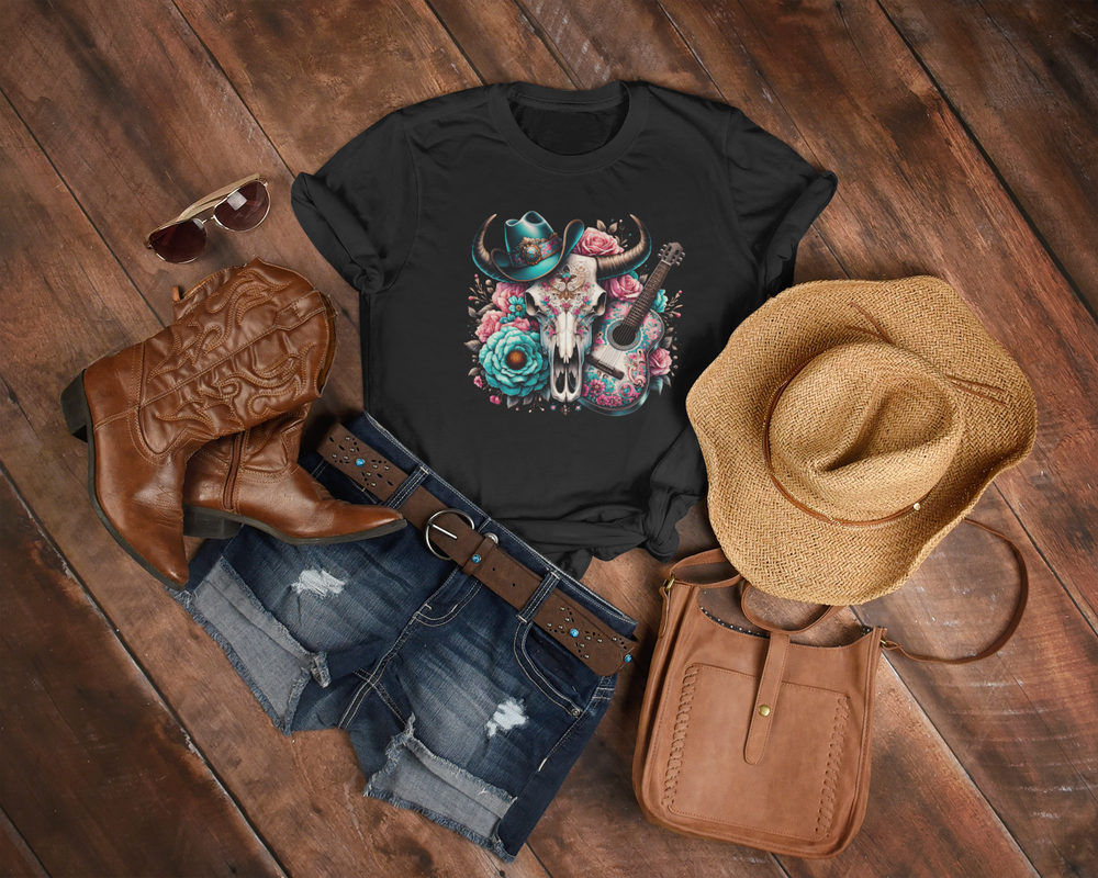 Floral Guitar Bull Skull Tee - [farm_afternoons]