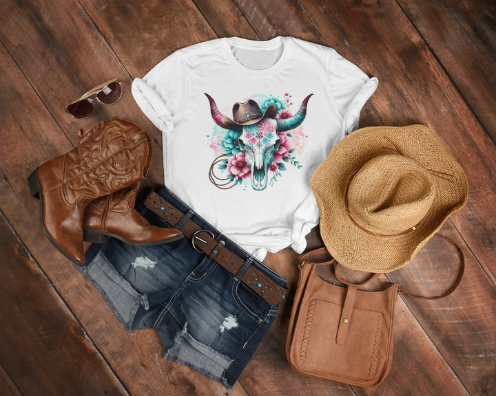 Women's Western Bull Skull T-shirt - [farm_afternoons]