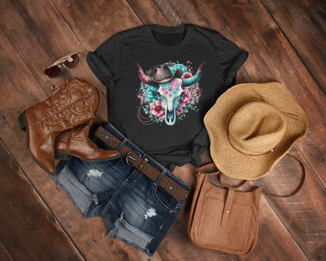 Women's Western Bull Skull T-shirt - [farm_afternoons]