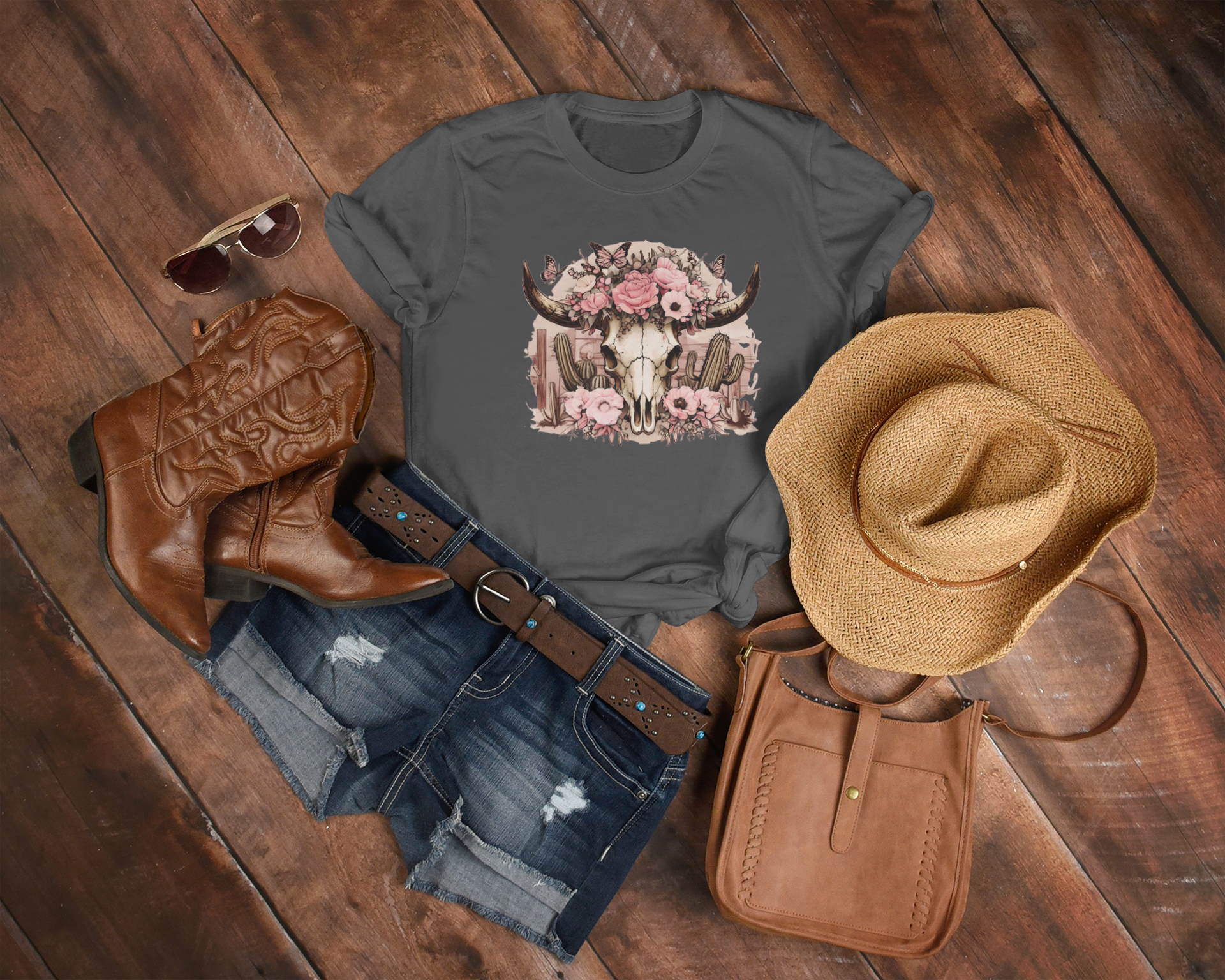 Women's Pink Old West Bull Skull T-Shirt