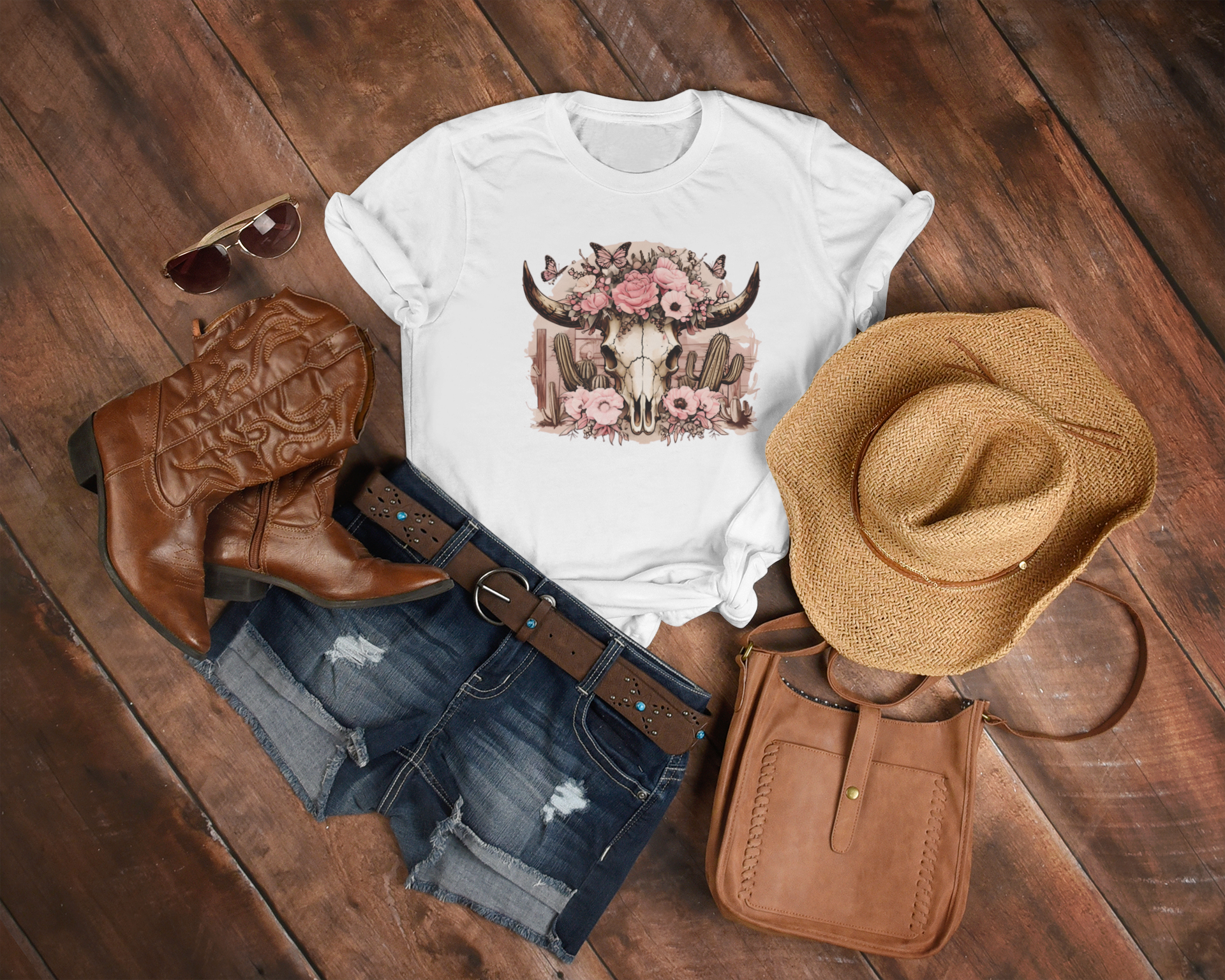 Women's Pink Old West Bull Skull T-Shirt