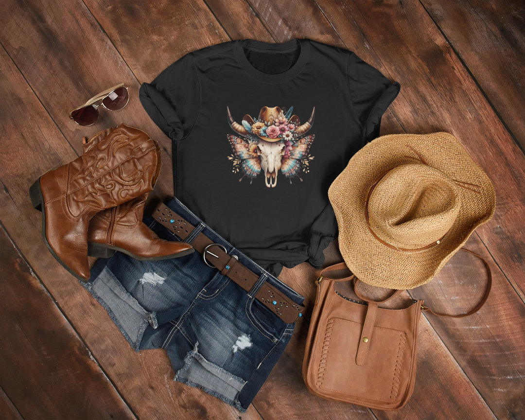 Women's Wild Butterfly Bull Skull T-Shirt