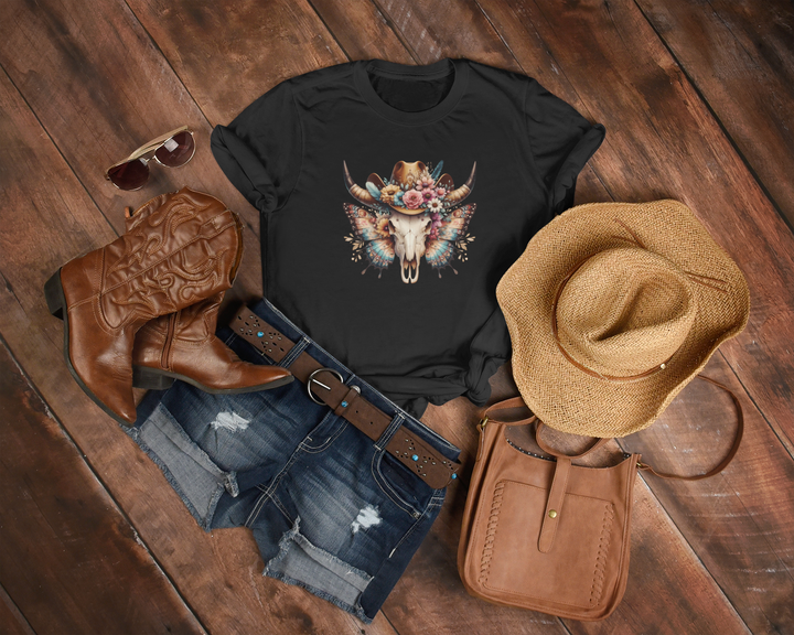 Women's Wild Butterfly Bull Skull T-Shirt