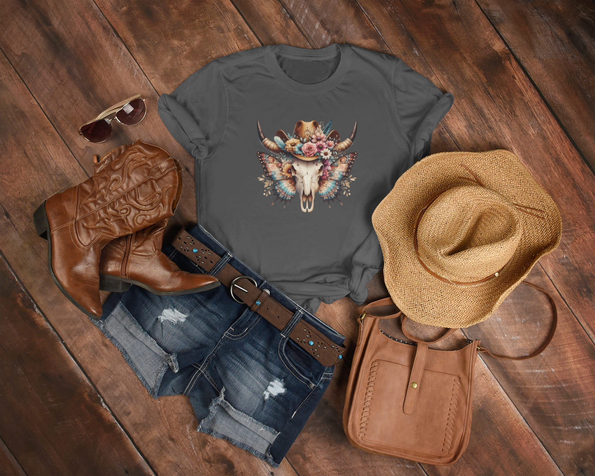 Women's Wild Butterfly Bull Skull T-Shirt