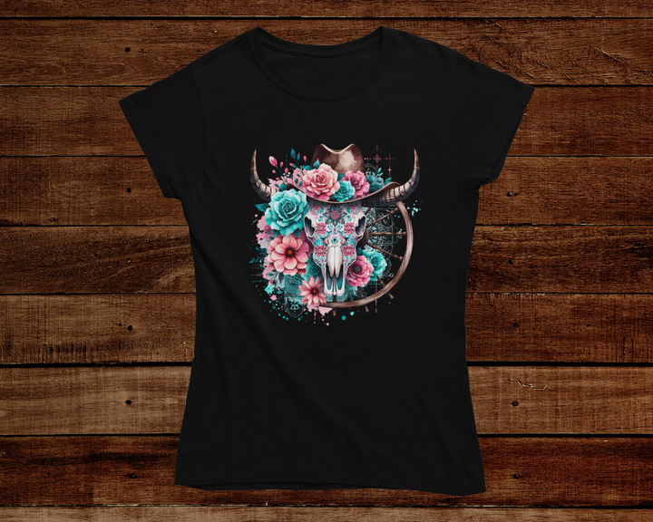 Black t-shirt with a colorful bull skull design on a wooden background
