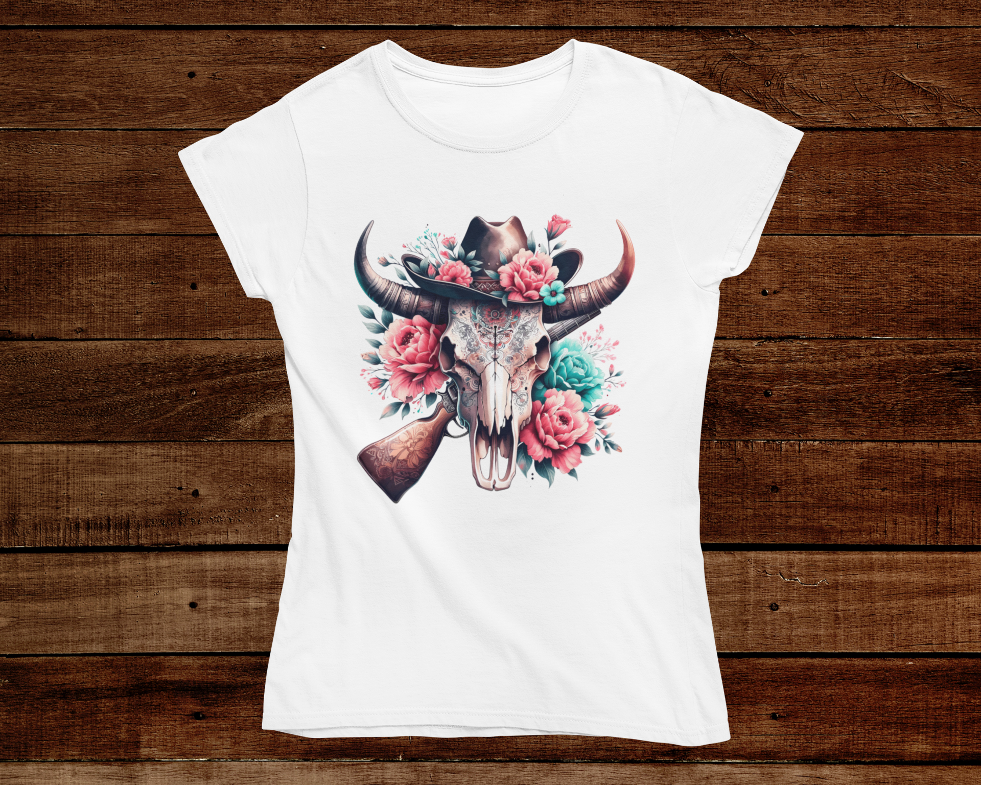 White t-shirt with a bull skull and floral design on a wooden background