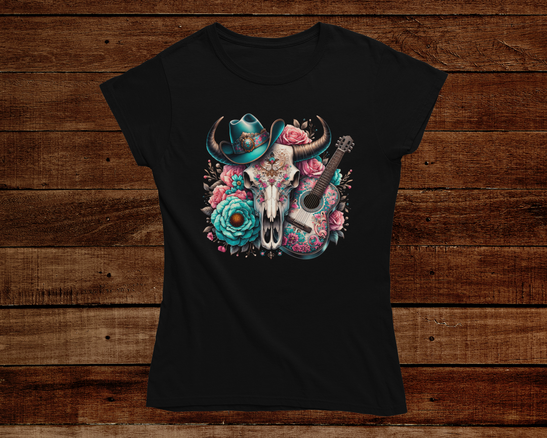 Black t-shirt with a colorful skull design featuring a cowboy hat, guitar, and flowers on a wooden background.