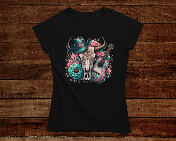 Black t-shirt with a colorful skull design featuring a cowboy hat, guitar, and flowers on a wooden background.