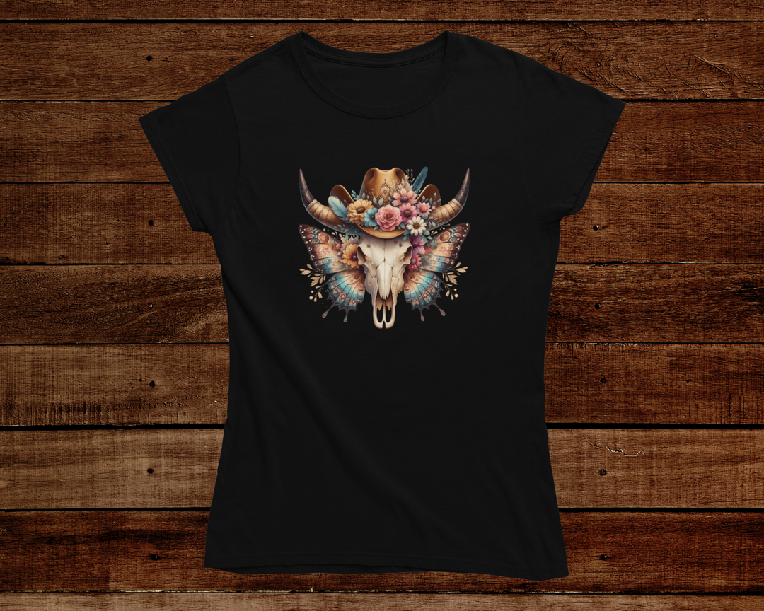 Black t-shirt with a decorative skull design on a wooden background