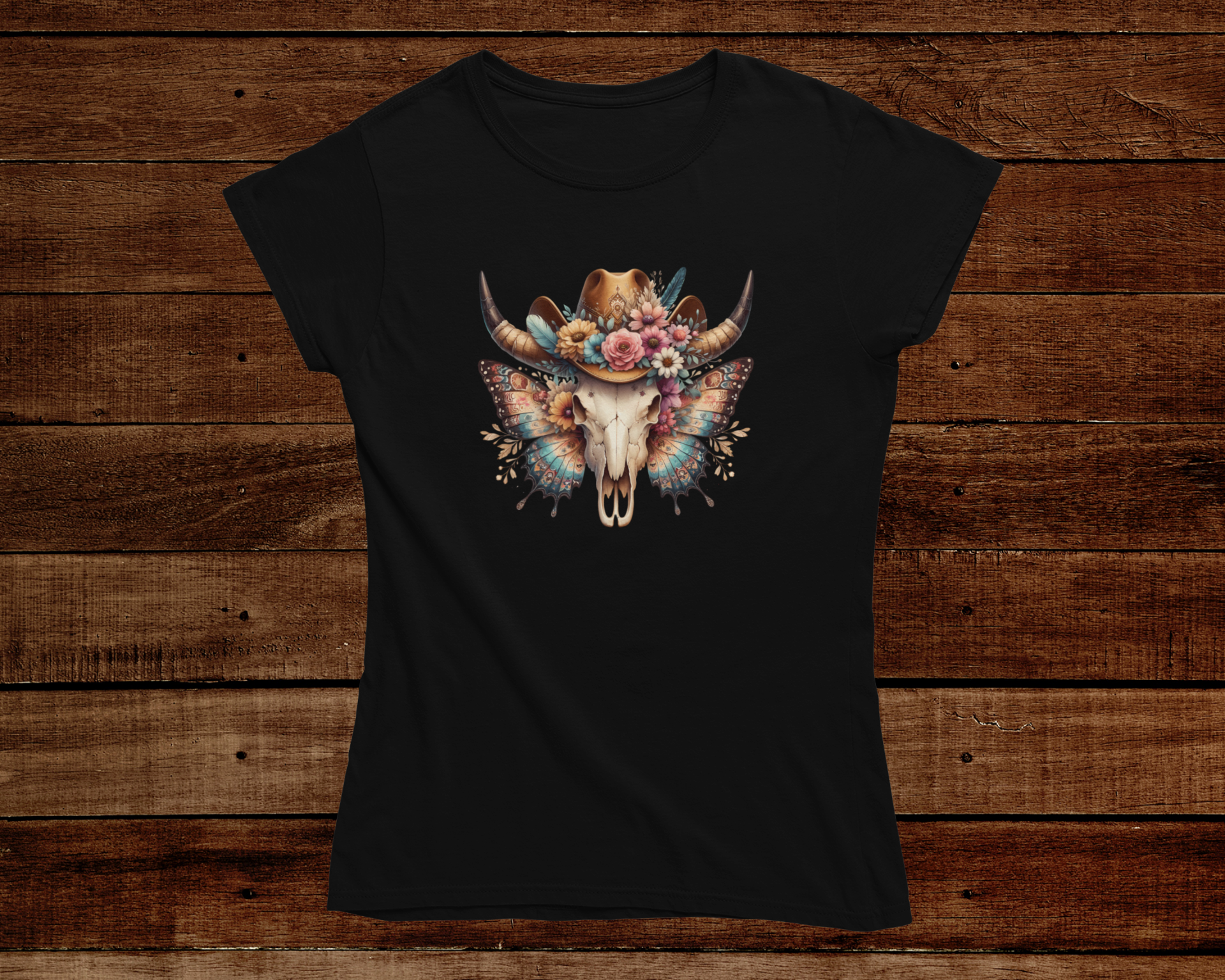 Black t-shirt with a decorative skull design on a wooden background