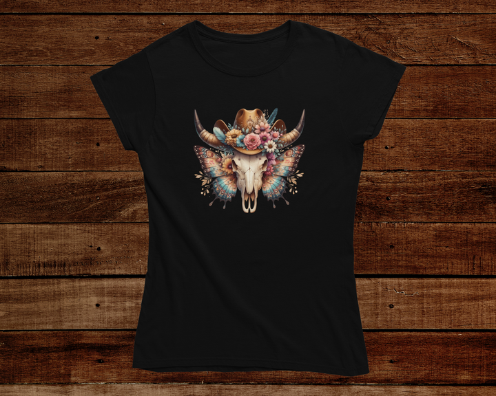 Black t-shirt with a decorative skull design on a wooden background
