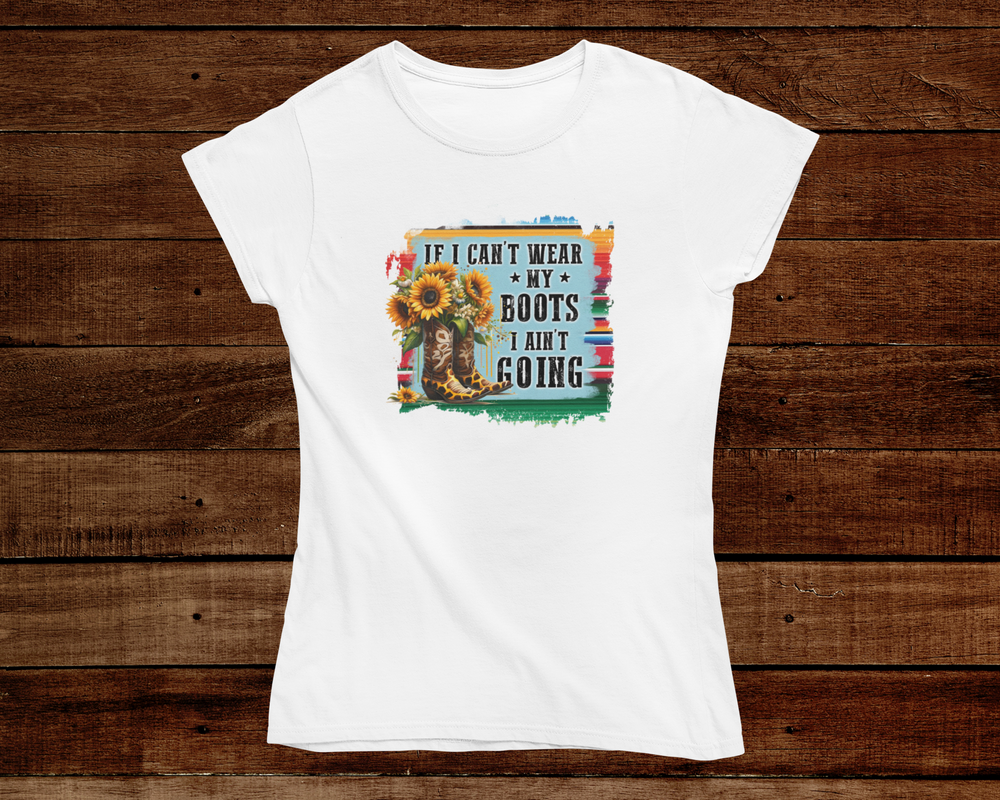 White t-shirt with a graphic design on a wooden background